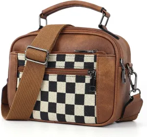Checkered Crossbody Bags Leather Handbag Black and White Purse Checkered Purses for Women