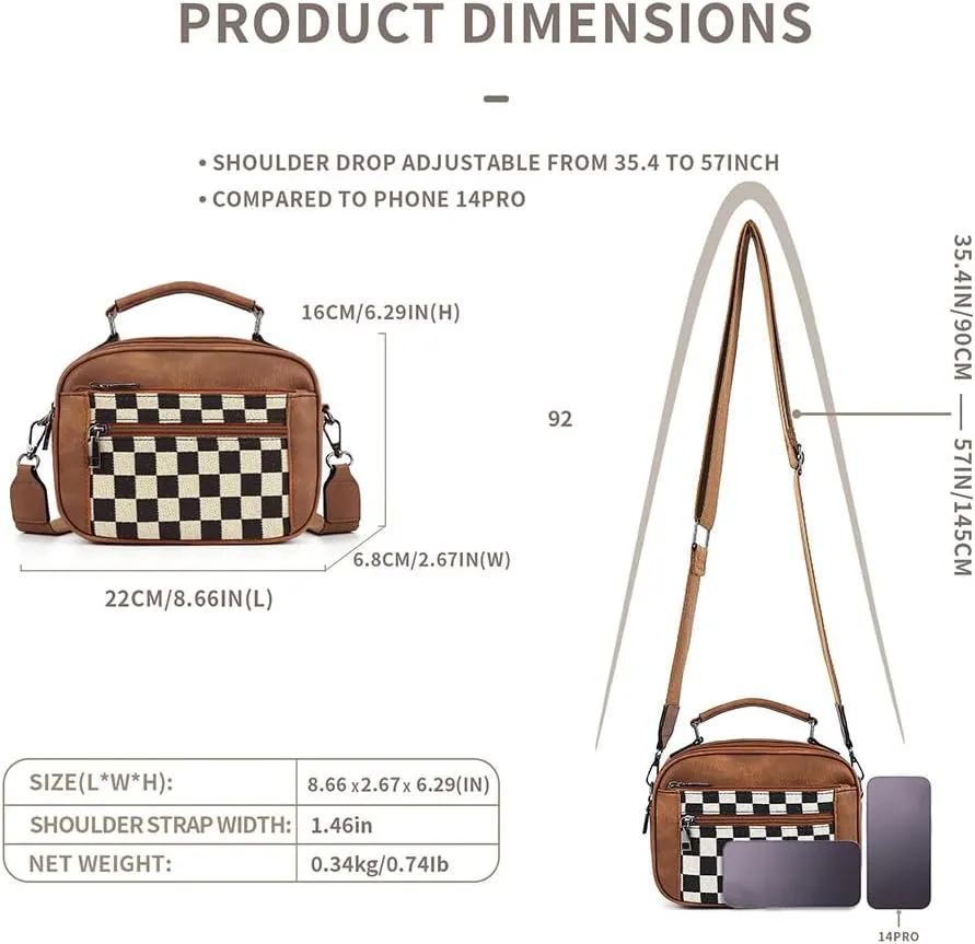 Checkered Crossbody Bags Leather Handbag Black and White Purse Checkered Purses for Women