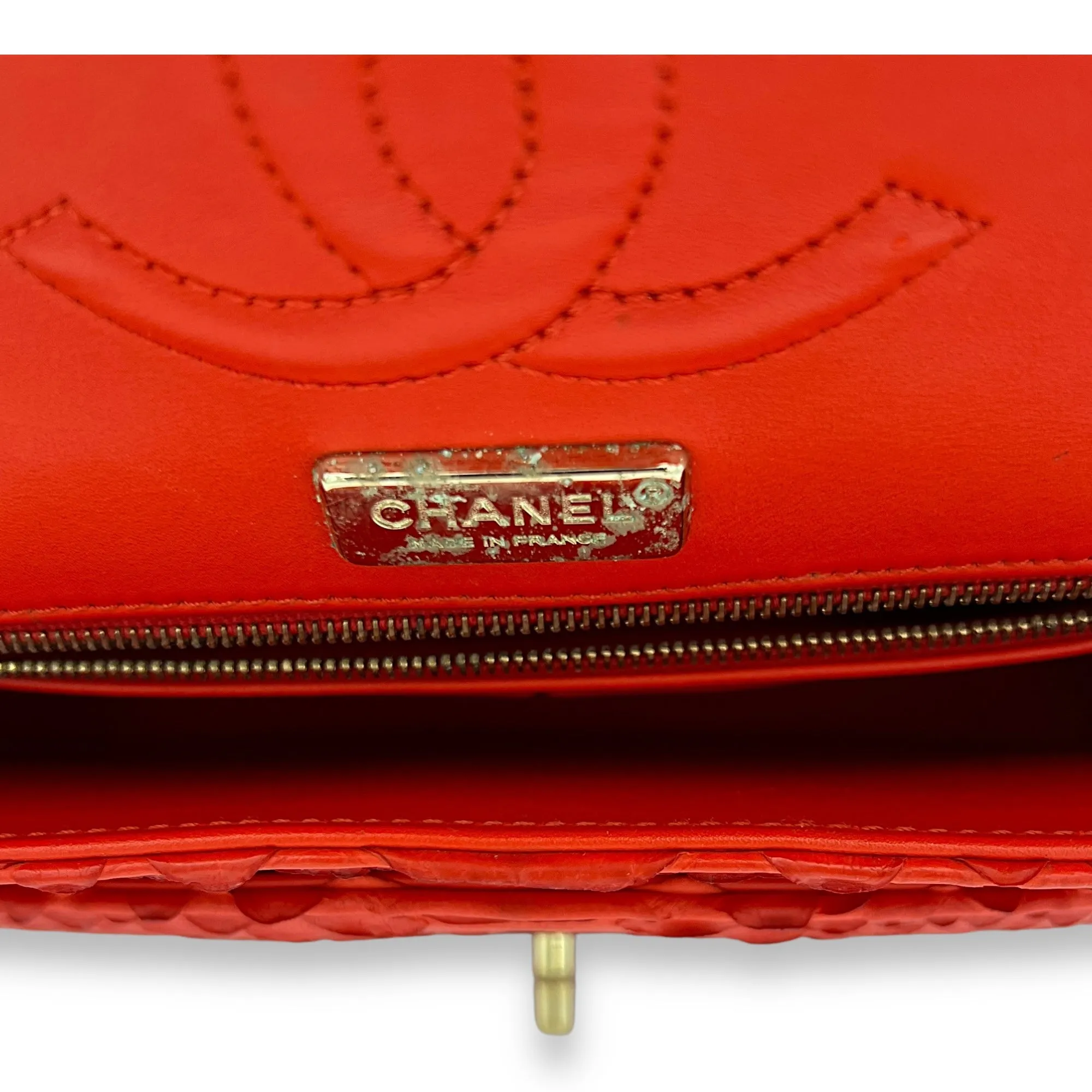 Classic Double Flap Medium Red Shoulder Bag in Python Leather, Gold hardware
