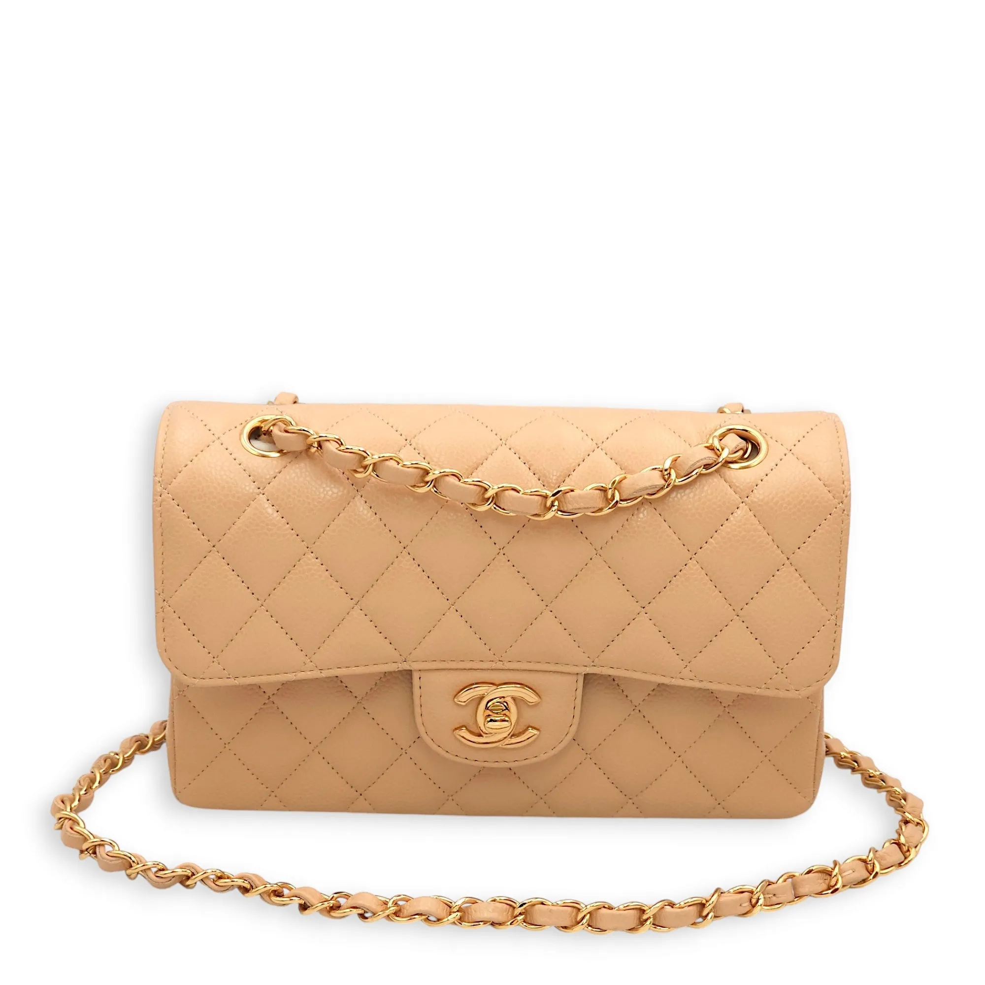 Classic Double Flap Small Beige Shoulder Bag in Caviar, Gold hardware