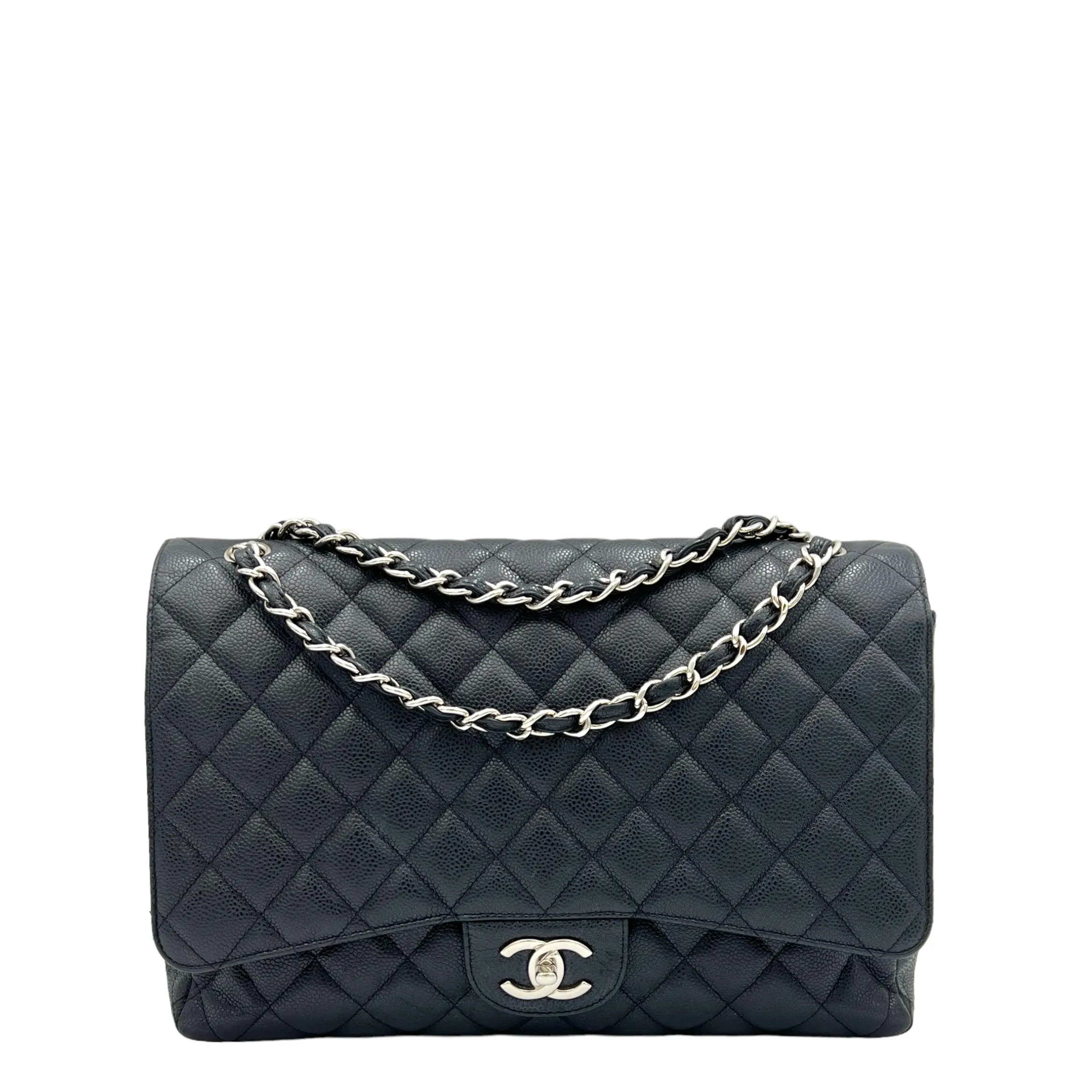 Classic Maxi Black Shoulder Bag in Caviar Leather, Silver hardware