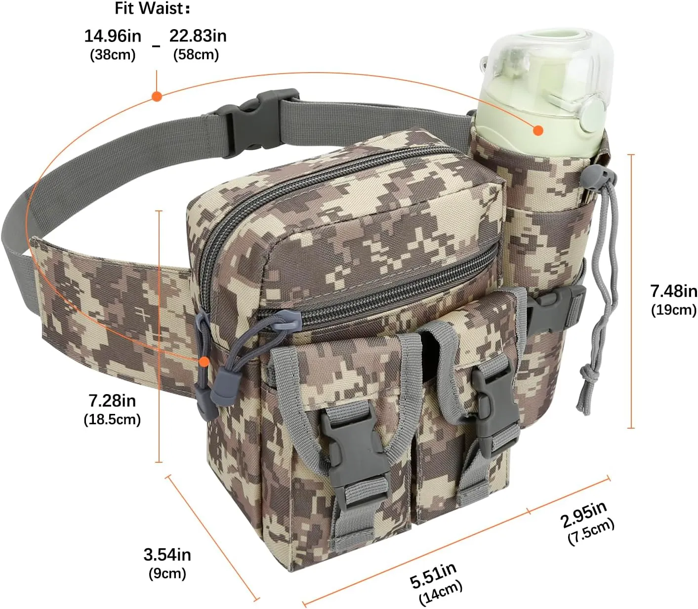 DOB SECHS Hiking Waist Bag with Detachable Water Bottle Holder and Adjustable Waist Belt Oxford Fanny Pack for Men Women Causal Belt Bag for Travel Outdoor Fishing Running Hiking Hunting,Camouflage-B
