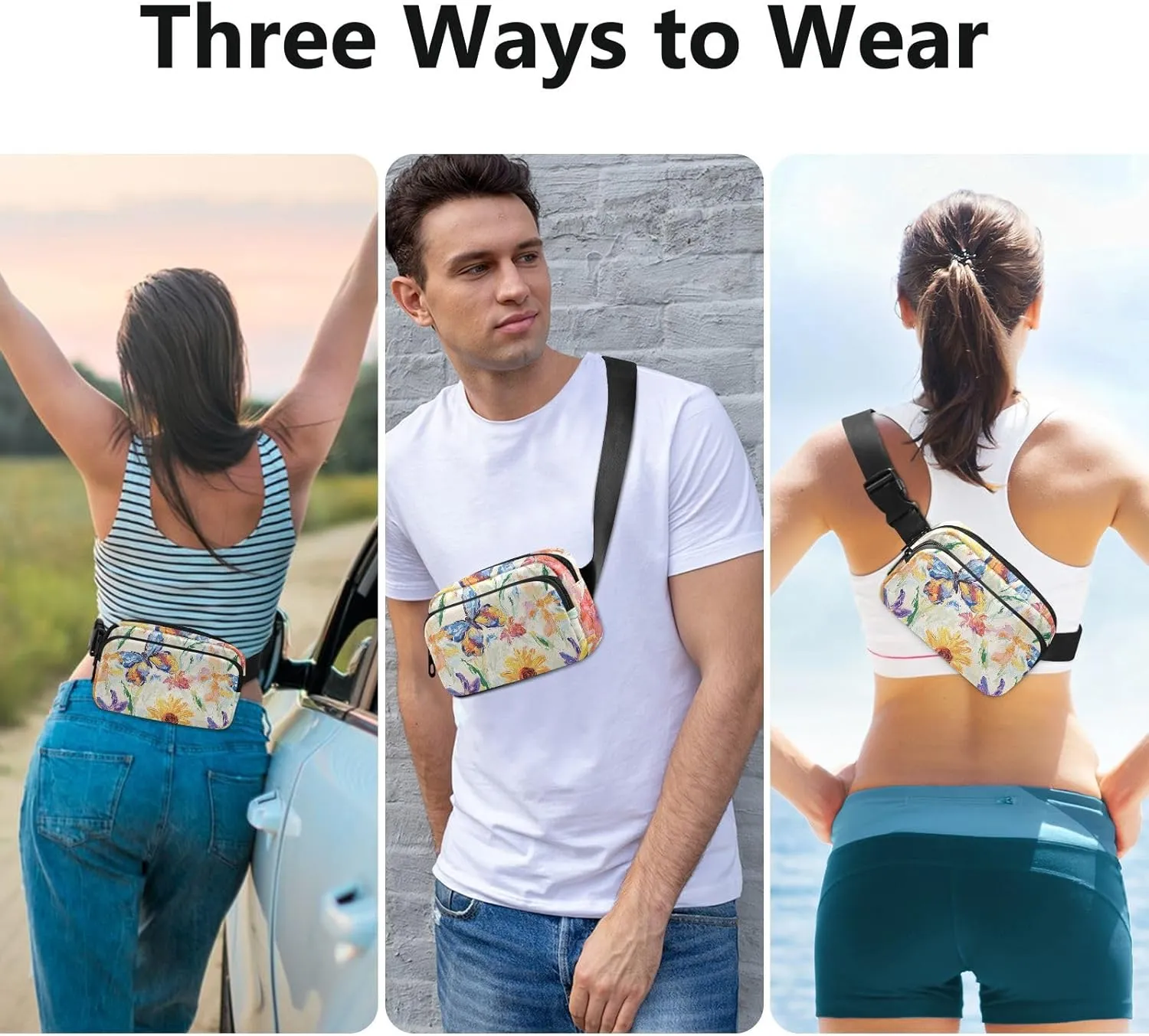 Flowers Sunflower Iris Butterflies White Fashion Waist Pack Crossbody Bag for Women Men Large Capacity Bum Belt Bag with Adjustable Strap for Travel Shopping Running