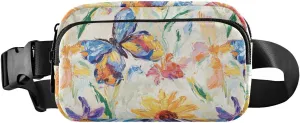 Flowers Sunflower Iris Butterflies White Fashion Waist Pack Crossbody Bag for Women Men Large Capacity Bum Belt Bag with Adjustable Strap for Travel Shopping Running