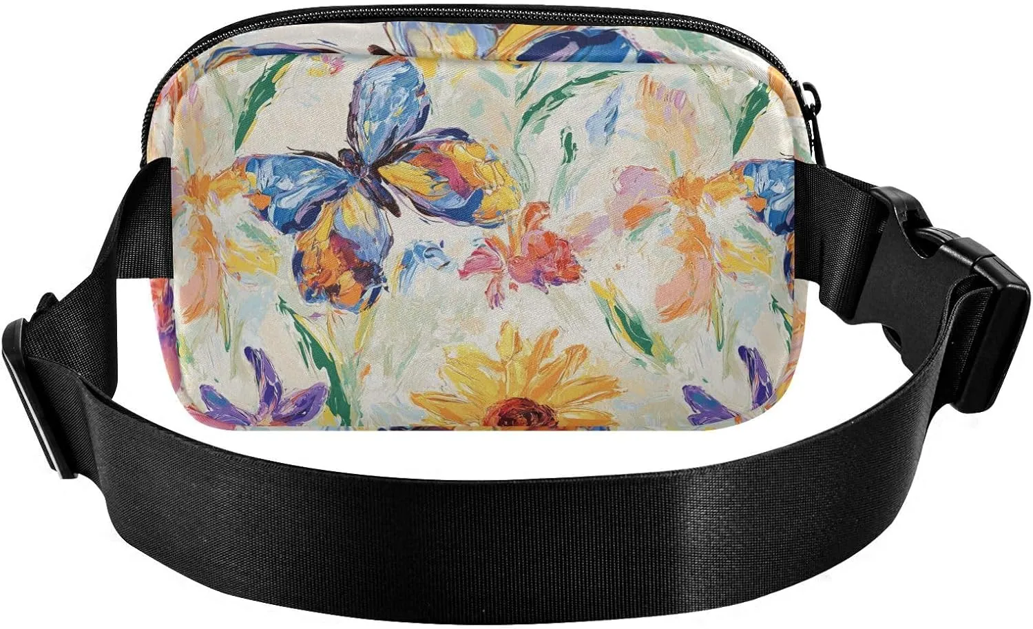 Flowers Sunflower Iris Butterflies White Fashion Waist Pack Crossbody Bag for Women Men Large Capacity Bum Belt Bag with Adjustable Strap for Travel Shopping Running