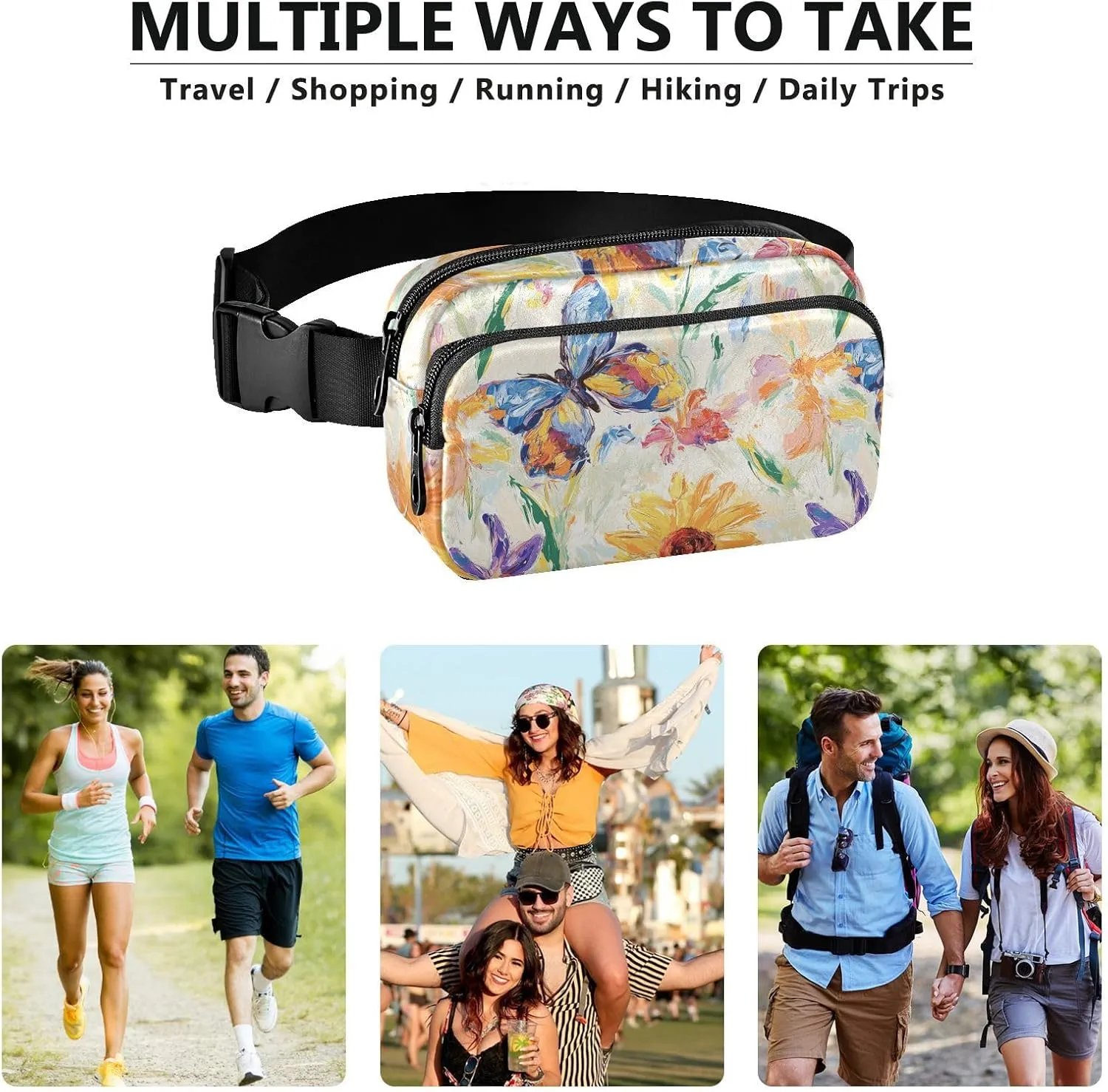 Flowers Sunflower Iris Butterflies White Fashion Waist Pack Crossbody Bag for Women Men Large Capacity Bum Belt Bag with Adjustable Strap for Travel Shopping Running