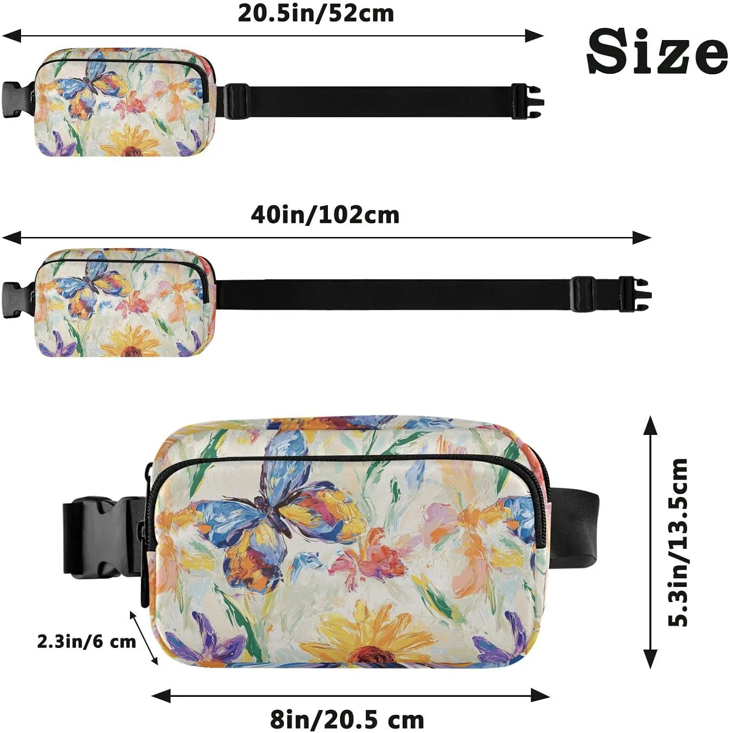 Flowers Sunflower Iris Butterflies White Fashion Waist Pack Crossbody Bag for Women Men Large Capacity Bum Belt Bag with Adjustable Strap for Travel Shopping Running