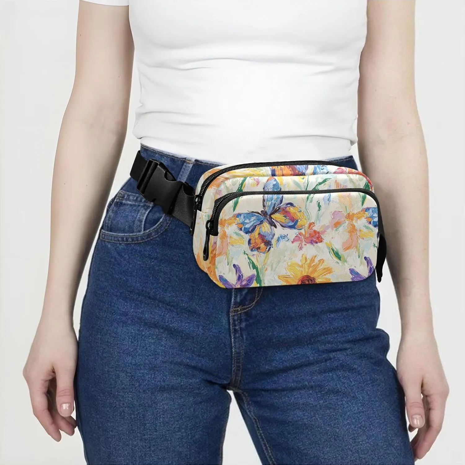Flowers Sunflower Iris Butterflies White Fashion Waist Pack Crossbody Bag for Women Men Large Capacity Bum Belt Bag with Adjustable Strap for Travel Shopping Running