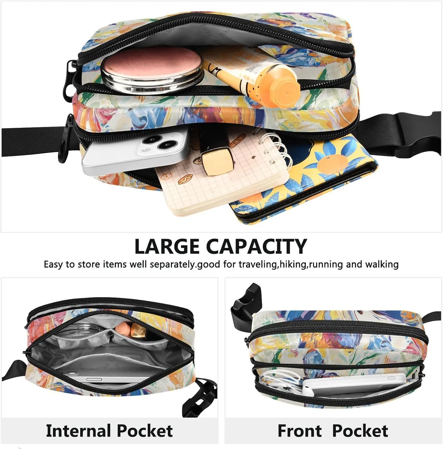 Flowers Sunflower Iris Butterflies White Fashion Waist Pack Crossbody Bag for Women Men Large Capacity Bum Belt Bag with Adjustable Strap for Travel Shopping Running