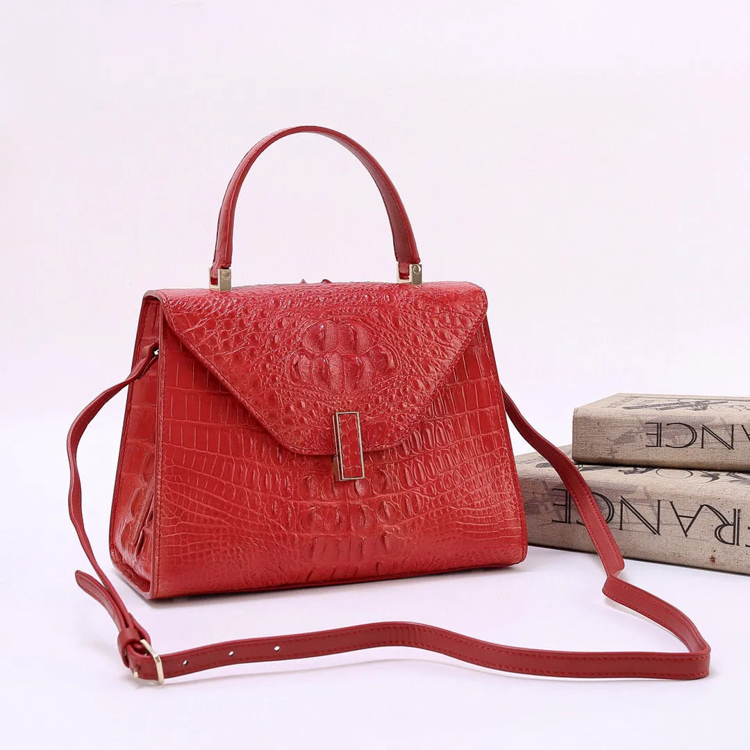 Genuine Crocodile Skin Bone Leather Top Handle Bags Red