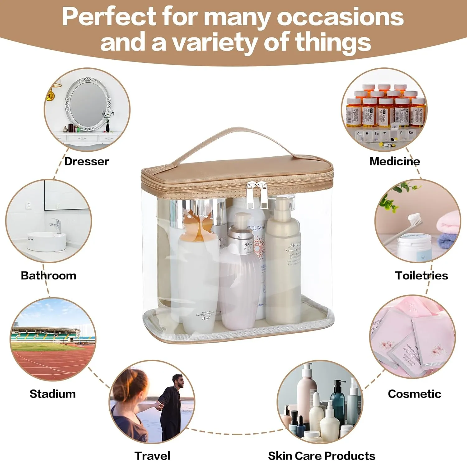 HAOGUAGUA Heavy Duty Leak Proof Clear Travel Bags for Toiletries, Transparent Makeup Cosmetic Bag with Zipper and Handle (1PCS GOLD, Large)