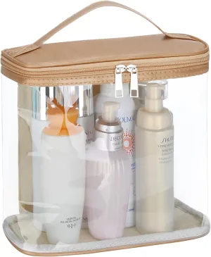 HAOGUAGUA Heavy Duty Leak Proof Clear Travel Bags for Toiletries, Transparent Makeup Cosmetic Bag with Zipper and Handle (1PCS GOLD, Large)