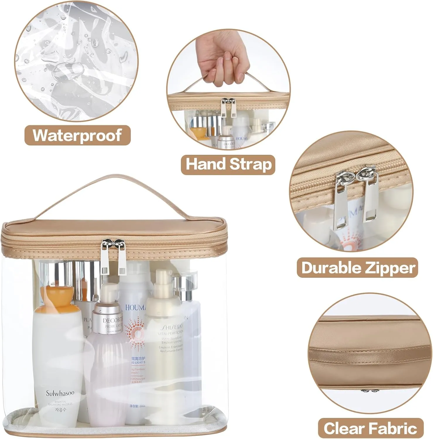 HAOGUAGUA Heavy Duty Leak Proof Clear Travel Bags for Toiletries, Transparent Makeup Cosmetic Bag with Zipper and Handle (1PCS GOLD, Large)