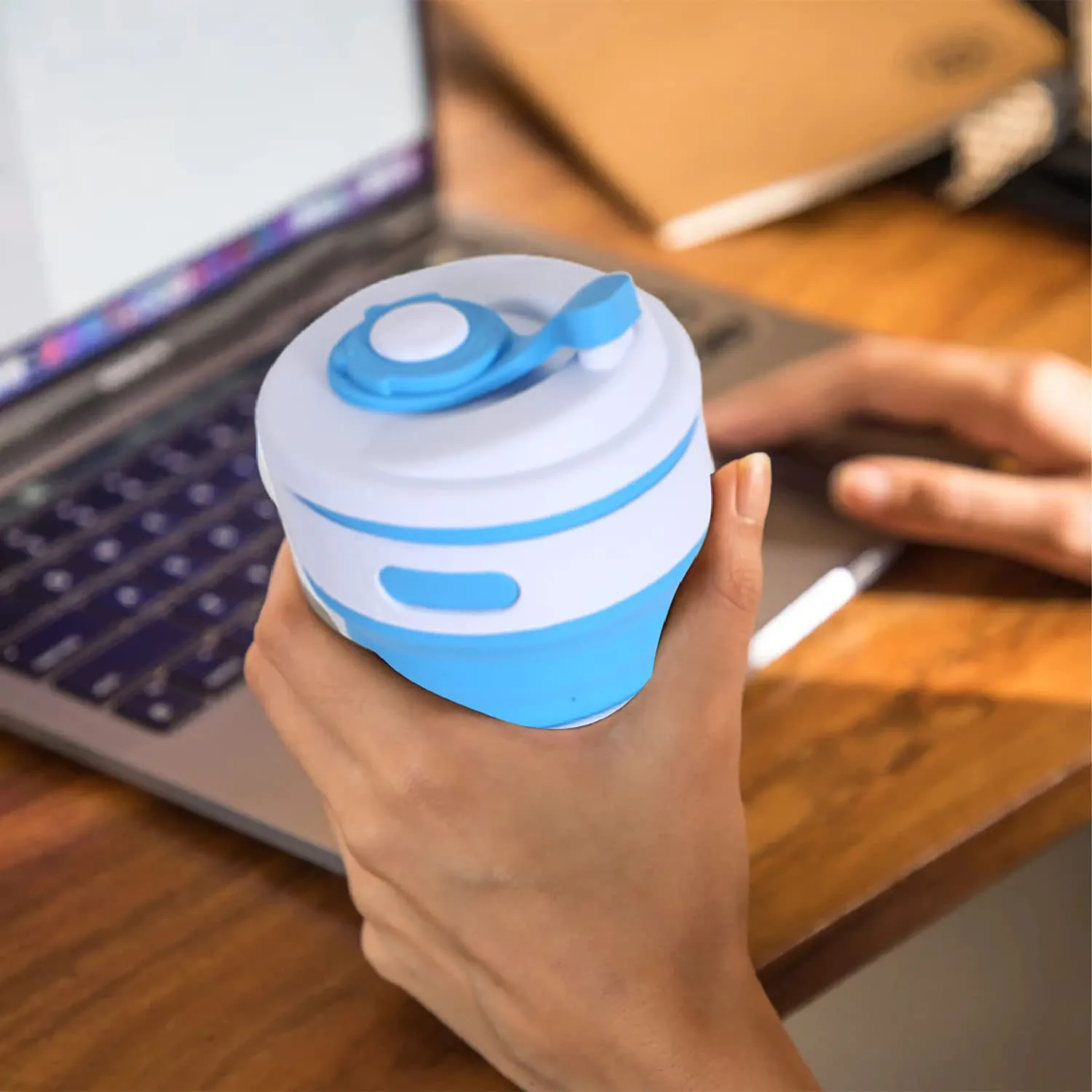 Heart Home Collapsible Coffee Cup|Silicone Portable Travel Coffee Mug|Camping Cup with Lid for Travel,Hiking Outdoors,350 ML,Pack of 2 (Blue)