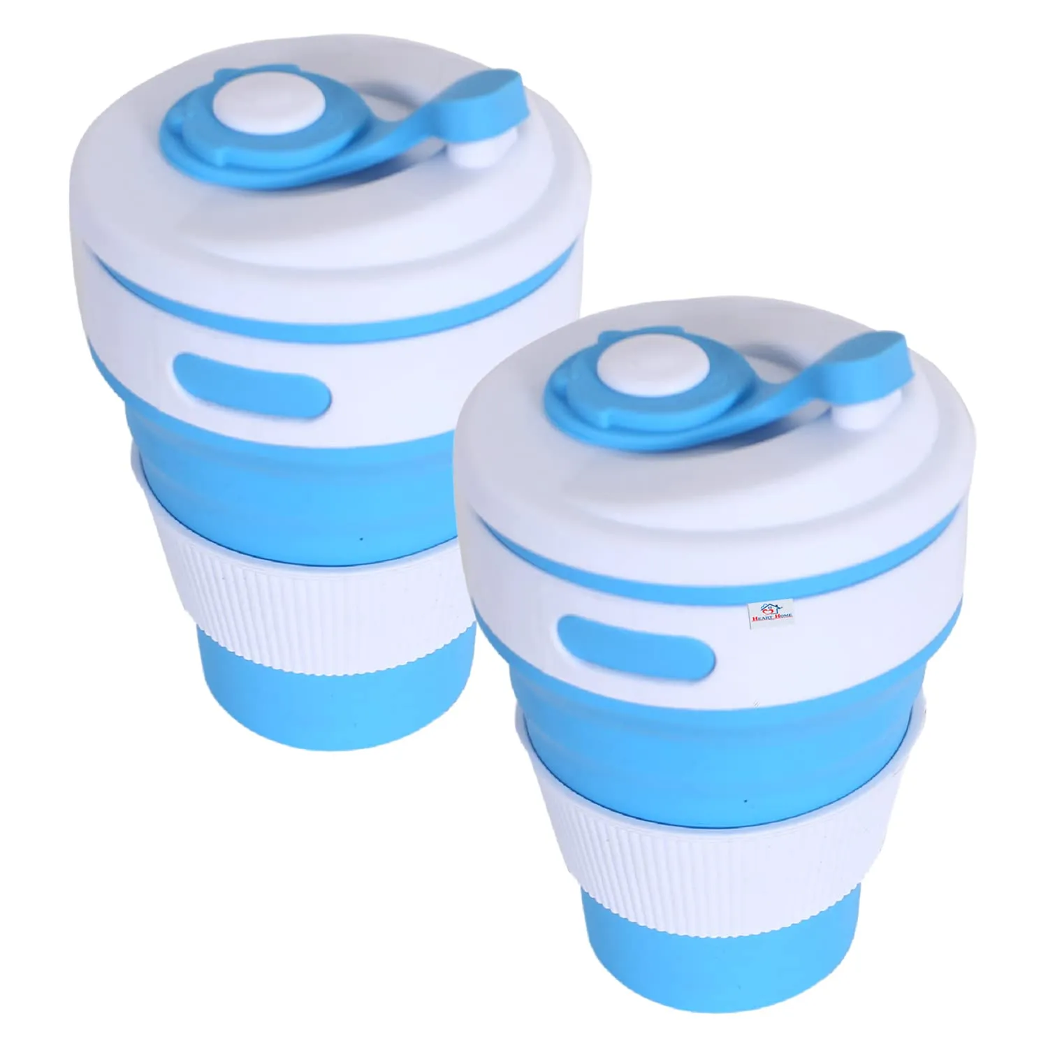 Heart Home Collapsible Coffee Cup|Silicone Portable Travel Coffee Mug|Camping Cup with Lid for Travel,Hiking Outdoors,350 ML,Pack of 2 (Blue)