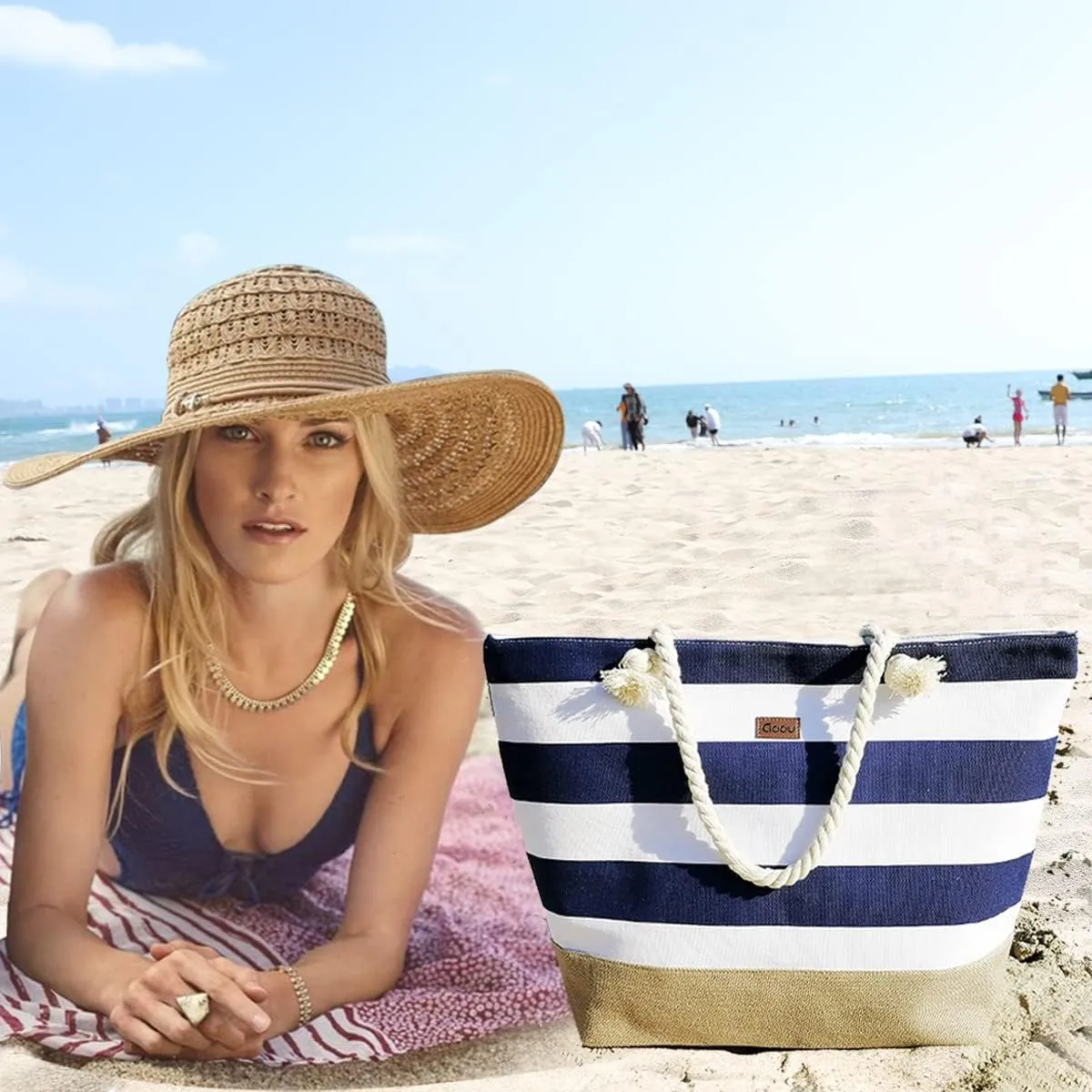 JNF Extra Large Canvas Beach Bags for Women Shoulder Bag Beach Tote Bag with Cotton Rope Handles