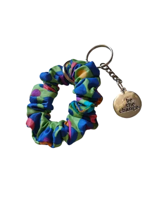 KEY CHARM Scrunchie Green with Rainbow Leopard Print