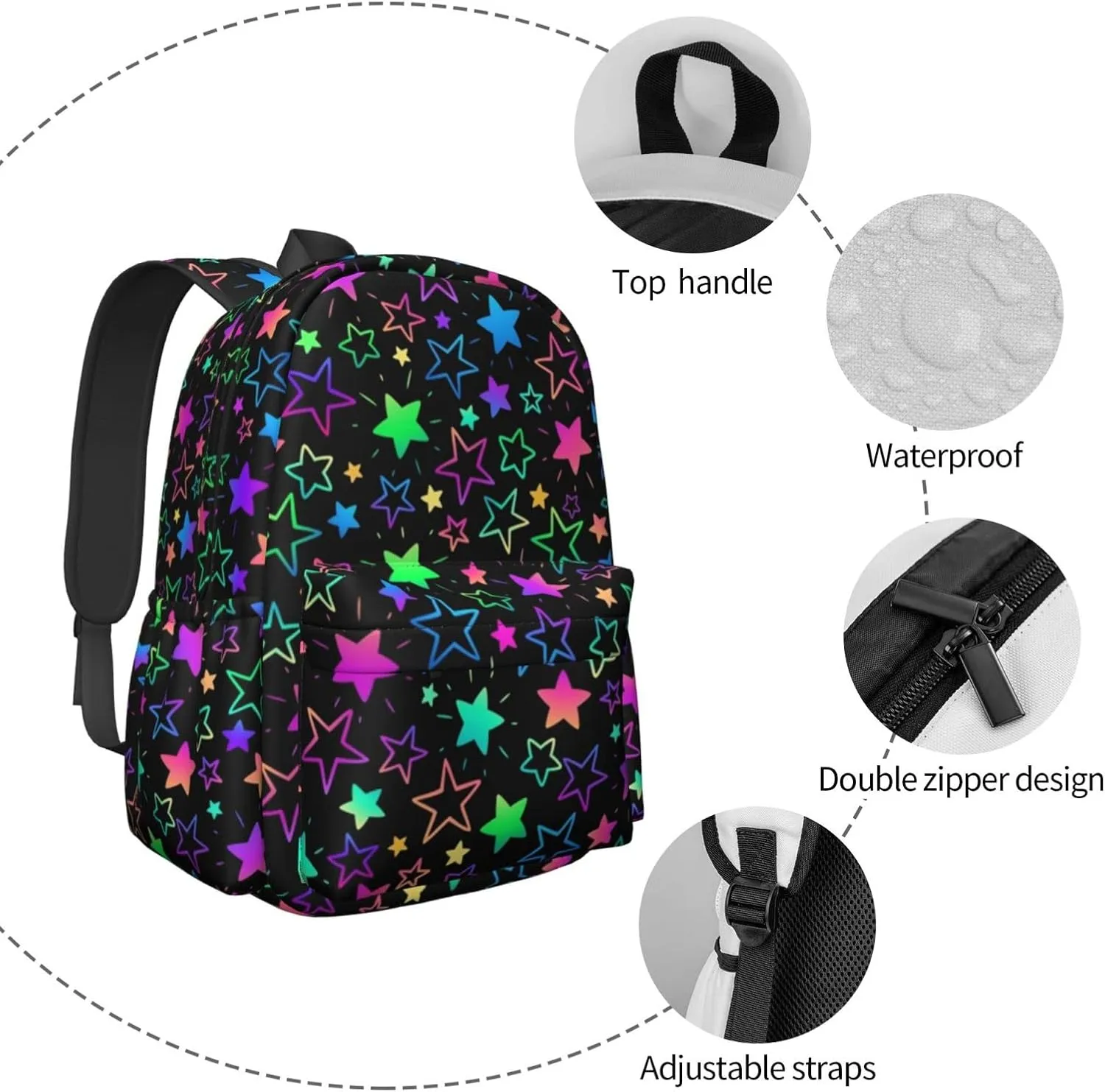 KiuLoam 17 Inch Backpack Bright Neon Stars Laptop Backpack Shoulder Bag School Bookbag Casual Daypack