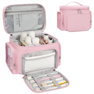 Large Makeup Bag, Travel Toiletry Bag for Women, Lightweight Cosmetic Makeup Bag Organizer with Handle and Clear Side Pockets for Traveling, Accessories, Essentials, Toiletries, Pink