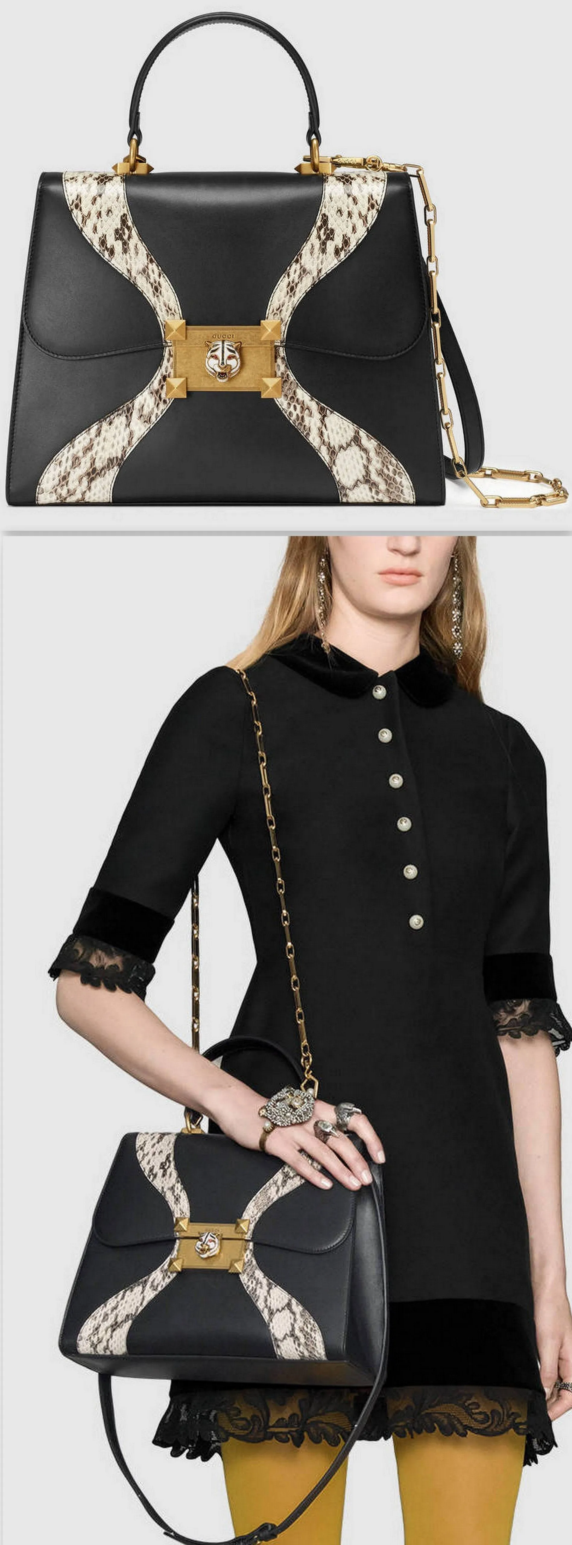 Leather & Snakeskin Top Handle Bag
