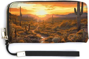 Leather Wallets Waterproof Zip Around Clutch Bag Saguaros at Sunset Credit Card Holder Clutch Purse for Women Ladies