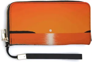 Leather Wallets Waterproof Zip Around Clutch Bag Sunset over Water Credit Card Holder Clutch Purse for Women Ladies