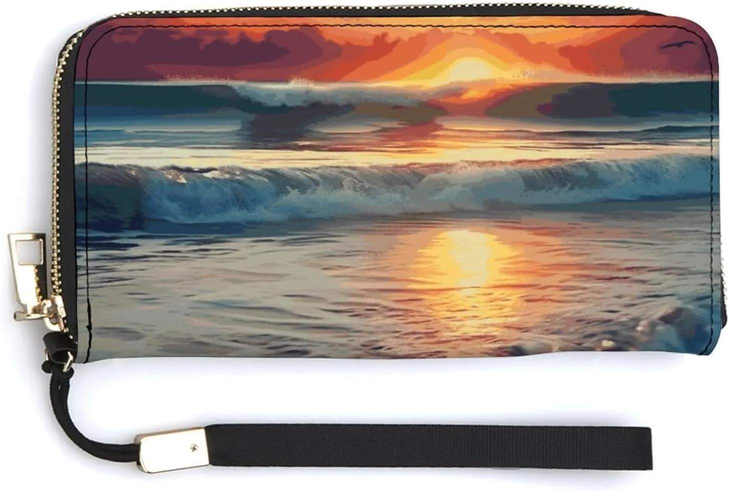 Leather Wallets Waterproof Zip Around Clutch Bag Sunset Seaside Credit Card Holder Clutch Purse for Women Ladies