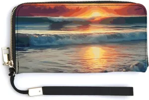 Leather Wallets Waterproof Zip Around Clutch Bag Sunset Seaside Credit Card Holder Clutch Purse for Women Ladies