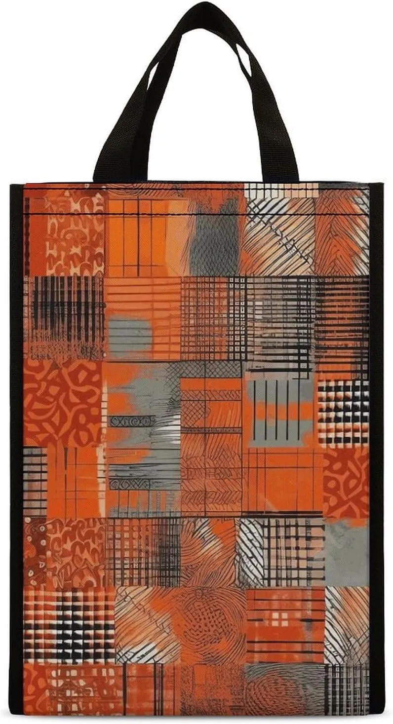 Lunch Bag for Women Men Lunch Box Reusable Orange Grid Lines Lunch Tote Bag Leakproof Lunch Cooler Bag for Work