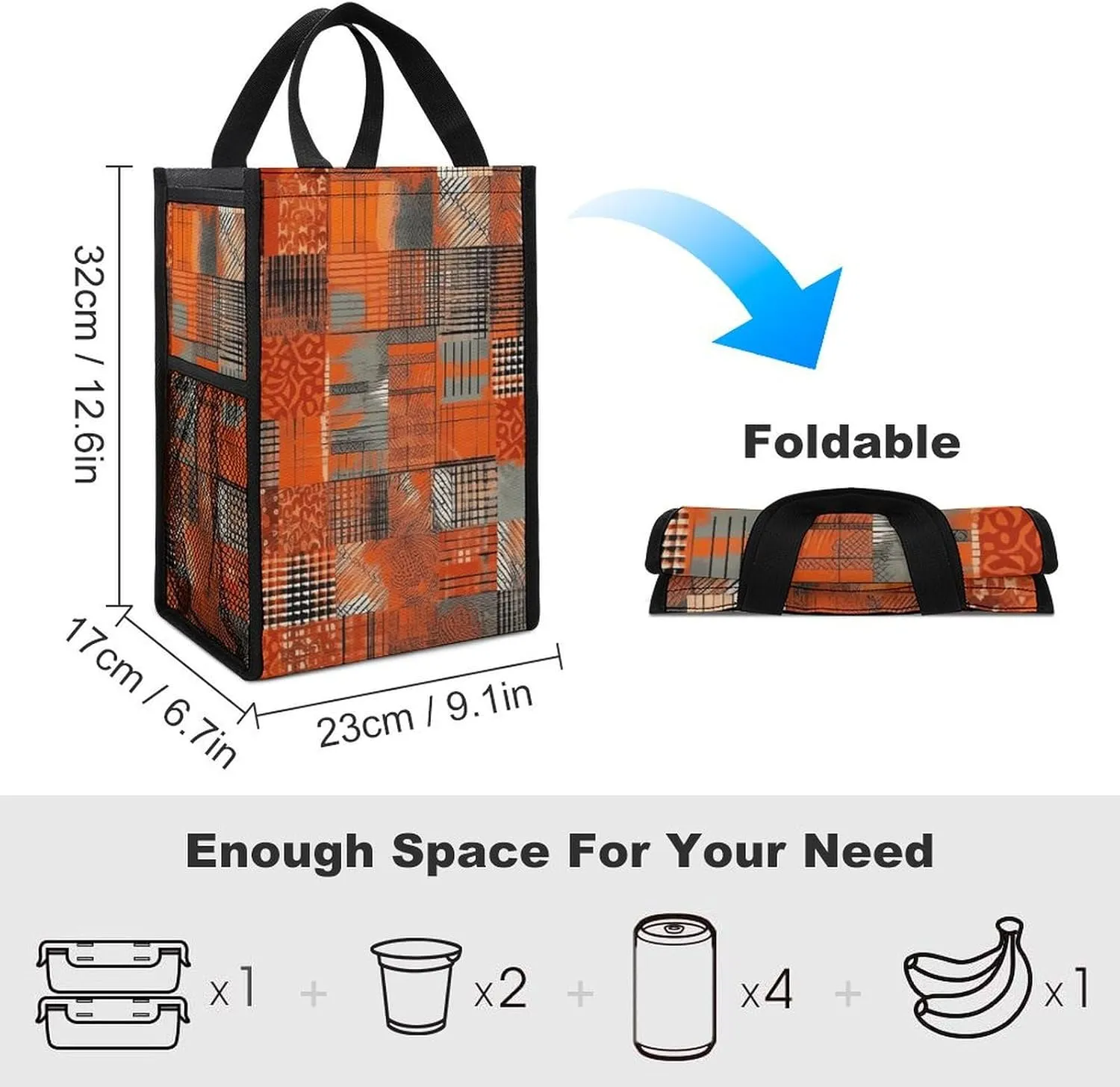 Lunch Bag for Women Men Lunch Box Reusable Orange Grid Lines Lunch Tote Bag Leakproof Lunch Cooler Bag for Work