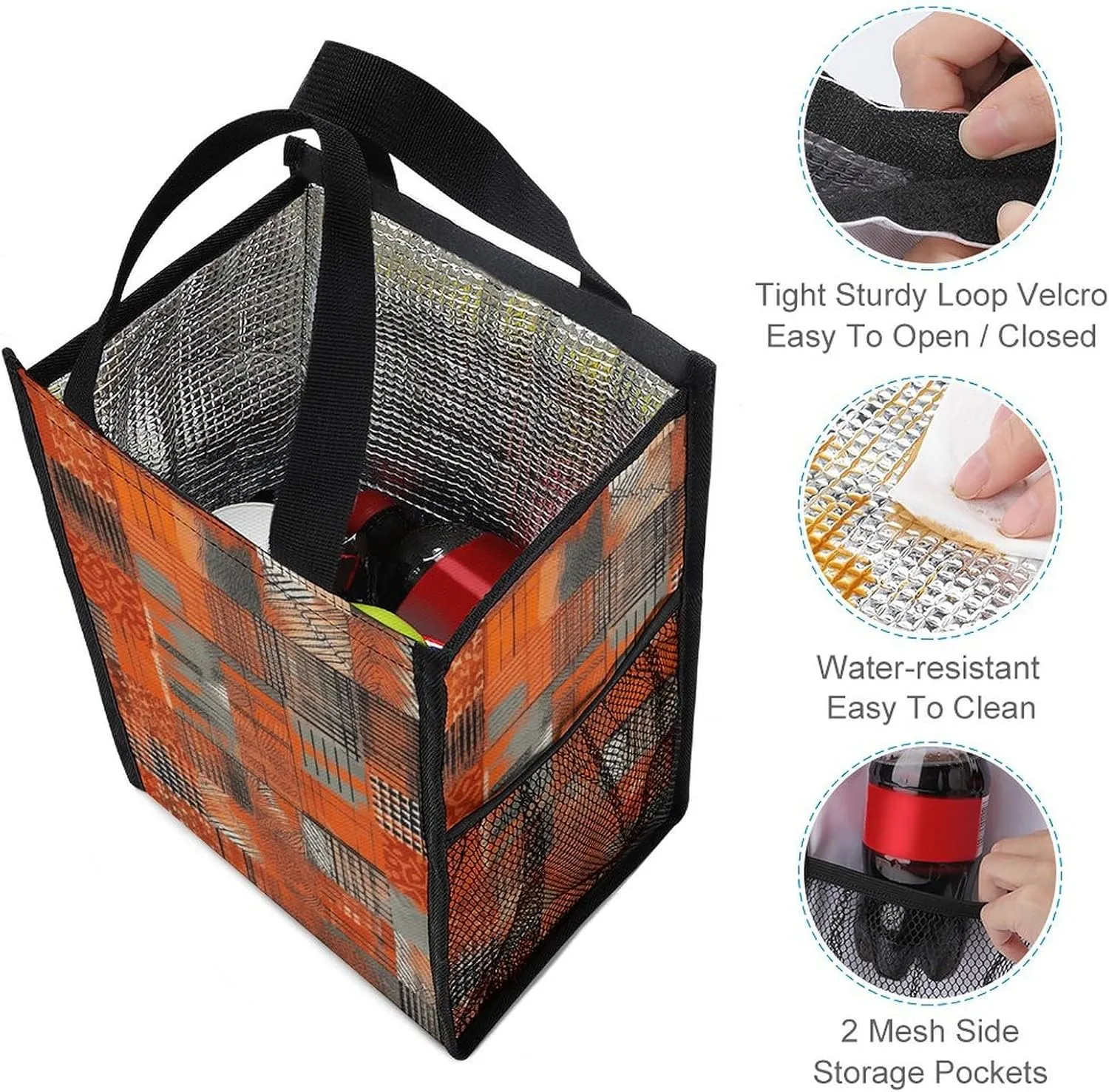 Lunch Bag for Women Men Lunch Box Reusable Orange Grid Lines Lunch Tote Bag Leakproof Lunch Cooler Bag for Work