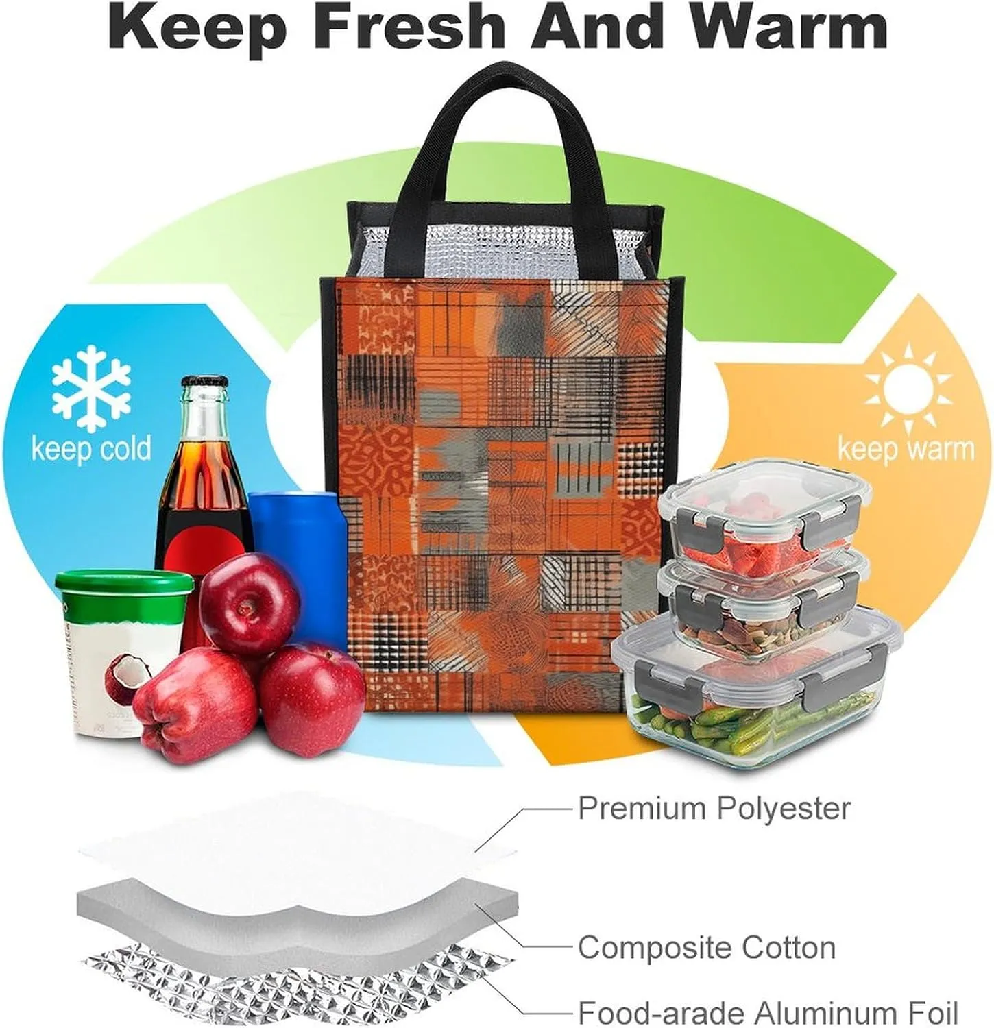 Lunch Bag for Women Men Lunch Box Reusable Orange Grid Lines Lunch Tote Bag Leakproof Lunch Cooler Bag for Work