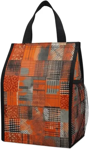 Lunch Bag for Women Men Lunch Box Reusable Orange Grid Lines Lunch Tote Bag Leakproof Lunch Cooler Bag for Work