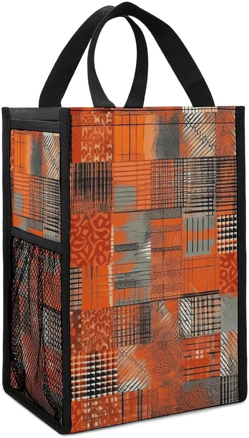 Lunch Bag for Women Men Lunch Box Reusable Orange Grid Lines Lunch Tote Bag Leakproof Lunch Cooler Bag for Work