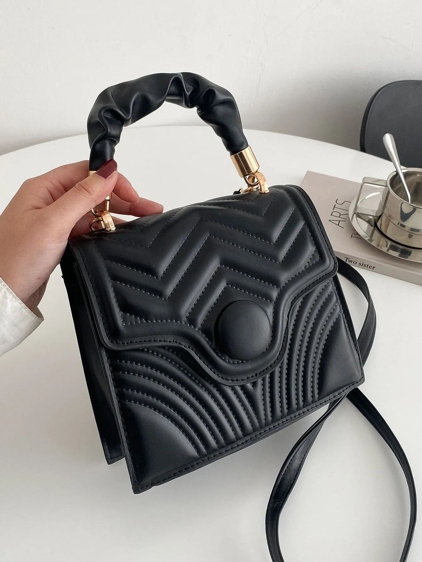 Quilted Flap Ruched Handle Satchel Bag
