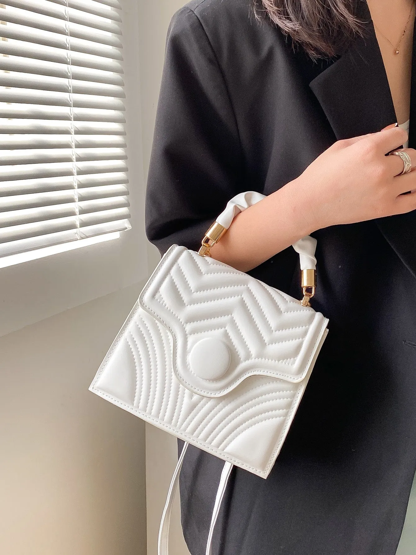 Quilted Flap Ruched Handle Satchel Bag
