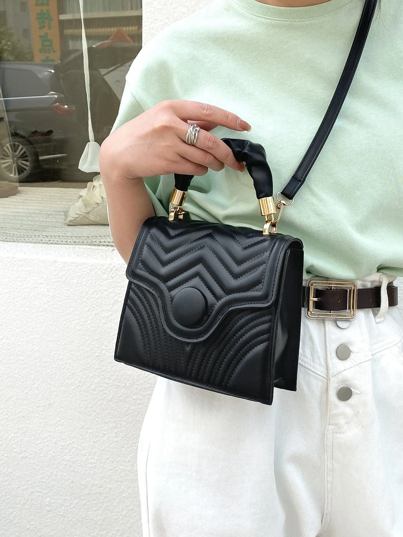 Quilted Flap Ruched Handle Satchel Bag