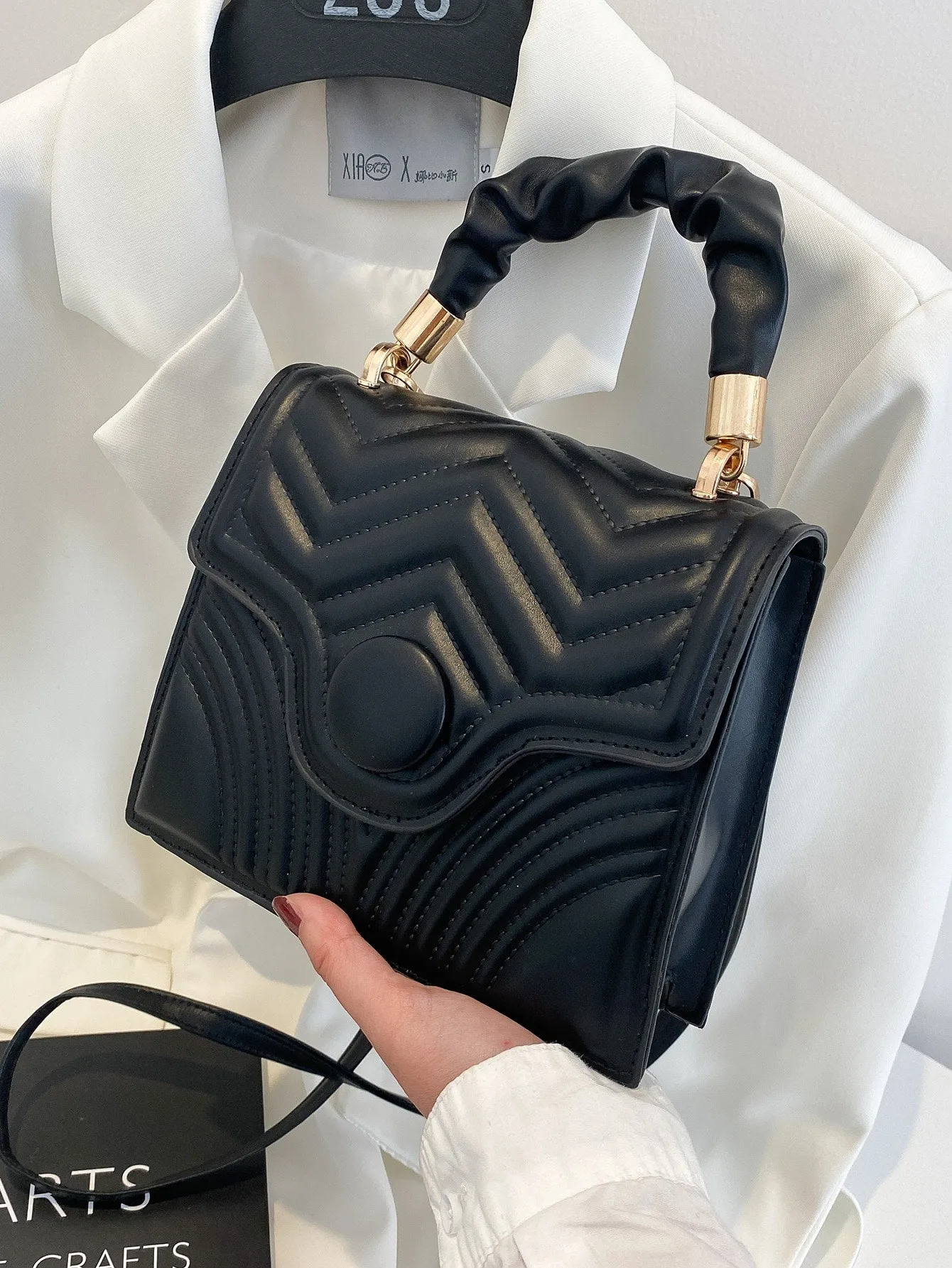Quilted Flap Ruched Handle Satchel Bag