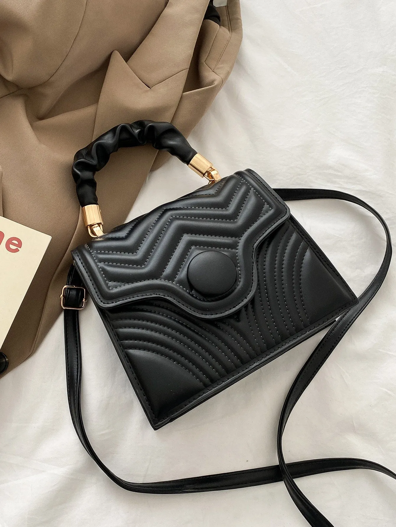 Quilted Flap Ruched Handle Satchel Bag