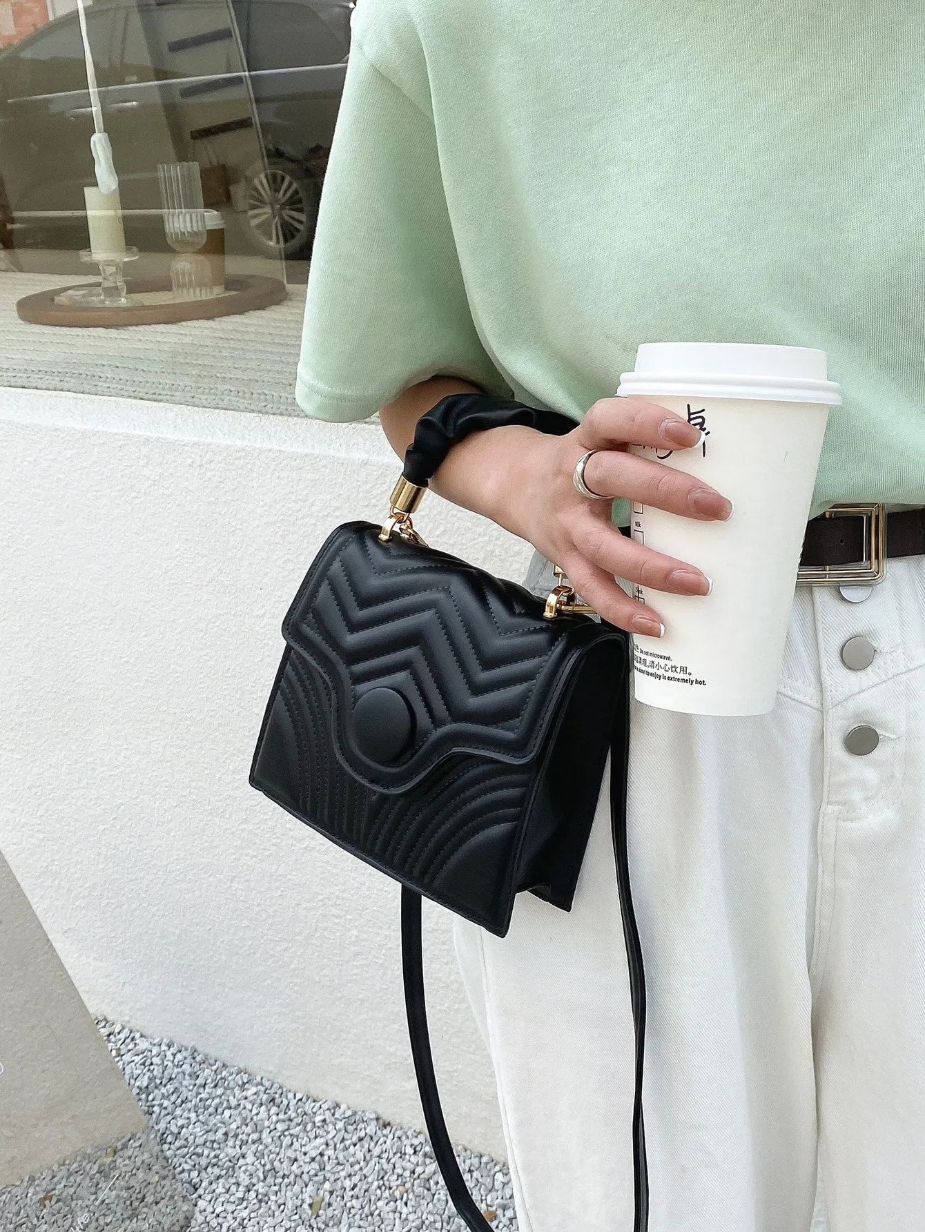 Quilted Flap Ruched Handle Satchel Bag