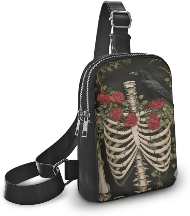 Skeleton Raven Crossbody Bag for Women Small Sling Bag, Goth Rose Thorn Print PU Leather Chest Bag Fanny Packs for Travel, Daily Use, Cycling
