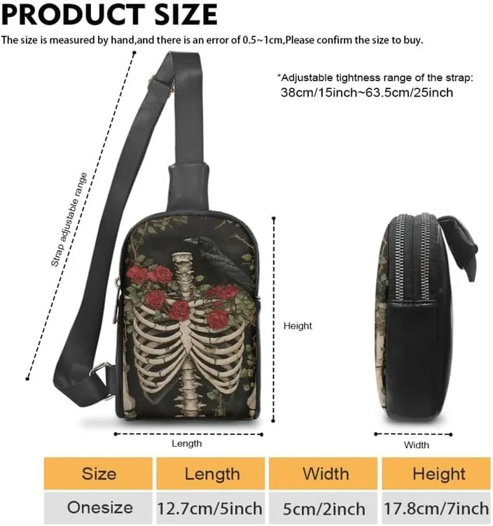 Skeleton Raven Crossbody Bag for Women Small Sling Bag, Goth Rose Thorn Print PU Leather Chest Bag Fanny Packs for Travel, Daily Use, Cycling