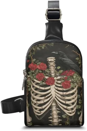 Skeleton Raven Crossbody Bag for Women Small Sling Bag, Goth Rose Thorn Print PU Leather Chest Bag Fanny Packs for Travel, Daily Use, Cycling