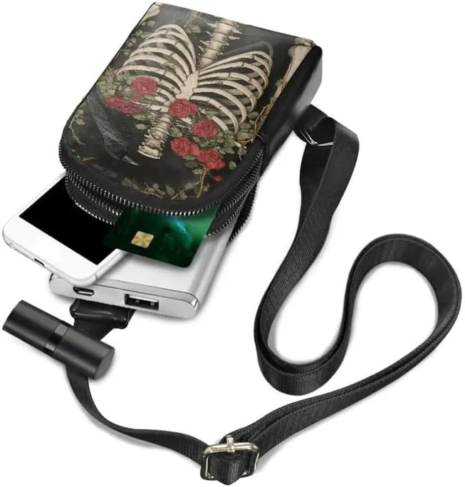 Skeleton Raven Crossbody Bag for Women Small Sling Bag, Goth Rose Thorn Print PU Leather Chest Bag Fanny Packs for Travel, Daily Use, Cycling