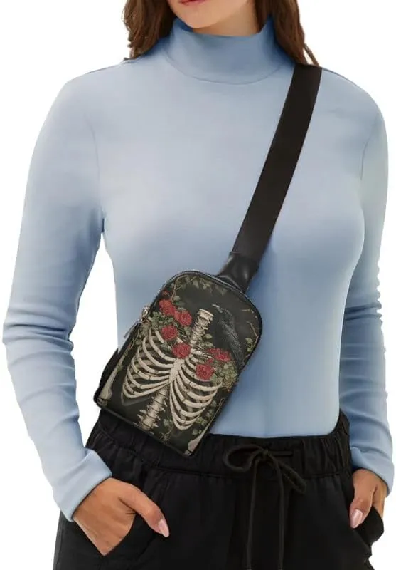 Skeleton Raven Crossbody Bag for Women Small Sling Bag, Goth Rose Thorn Print PU Leather Chest Bag Fanny Packs for Travel, Daily Use, Cycling