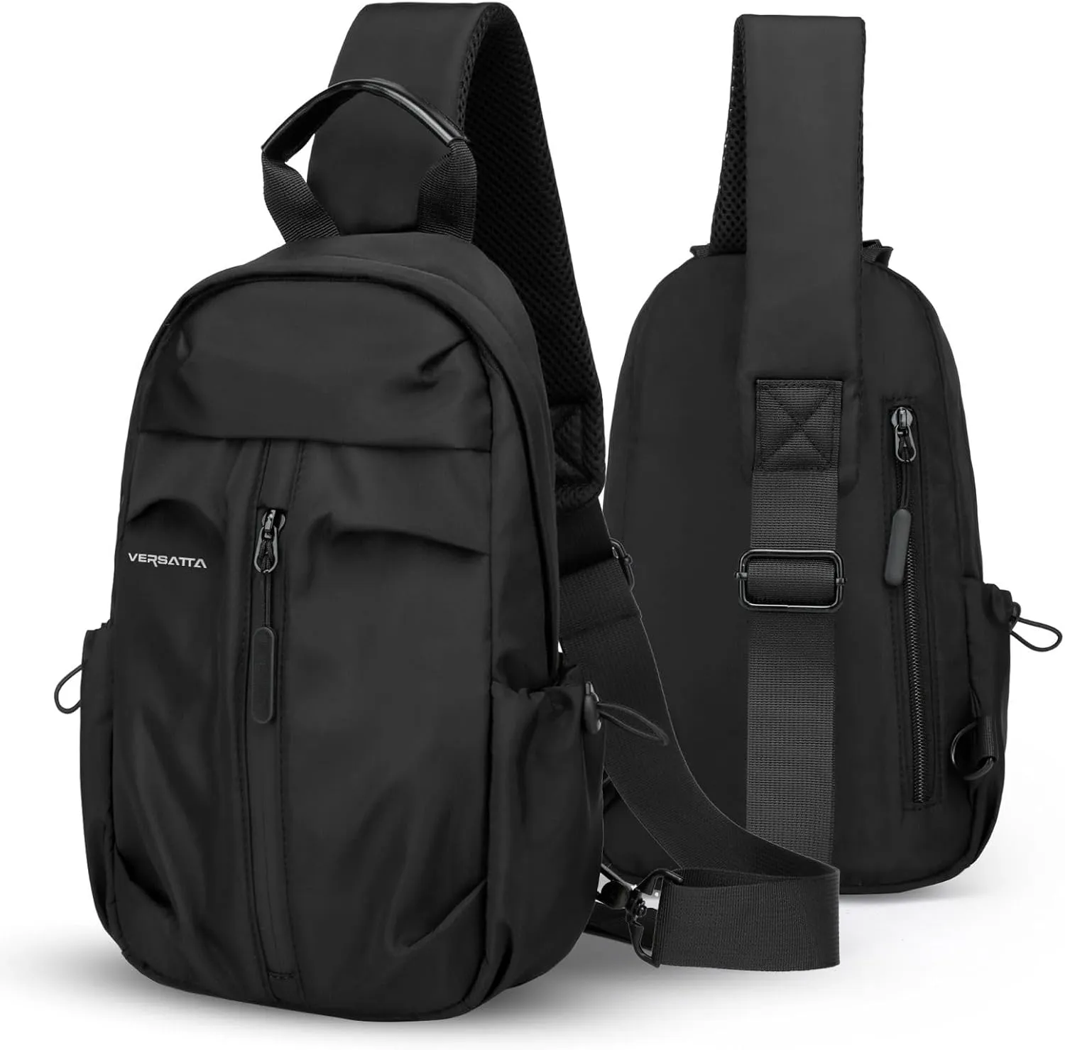 Small Black Sling Crossbody Backpack, Adjustable Mini Backpack for Men Women, Lightweight One Strap Sling Bag for Hiking Walking Biking Travel USB Charger Port-Nylon