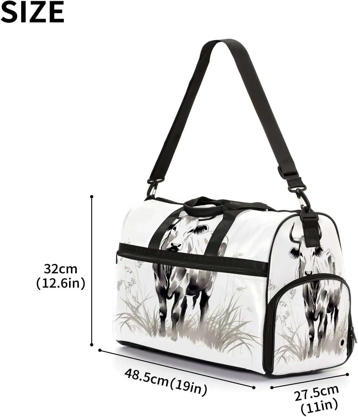 Sports Gym Bag for Women, Sport Duffle Workout Bags with Shoe Compartment, Small Womens Gym Bags, Chinese Painting Cow - 8