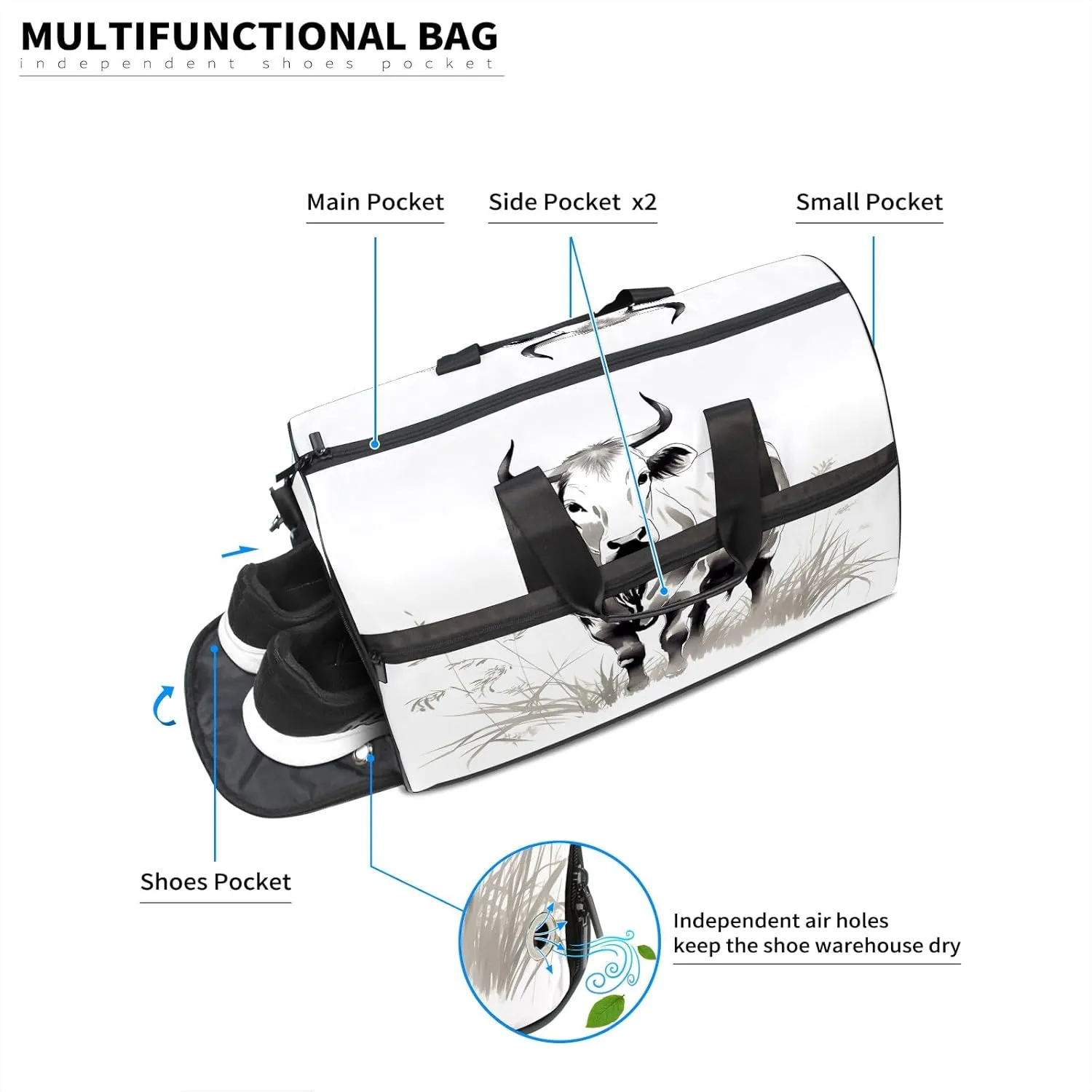Sports Gym Bag for Women, Sport Duffle Workout Bags with Shoe Compartment, Small Womens Gym Bags, Chinese Painting Cow - 8