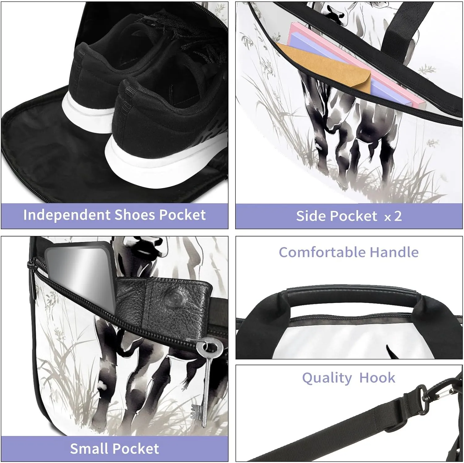 Sports Gym Bag for Women, Sport Duffle Workout Bags with Shoe Compartment, Small Womens Gym Bags, Chinese Painting Cow - 8
