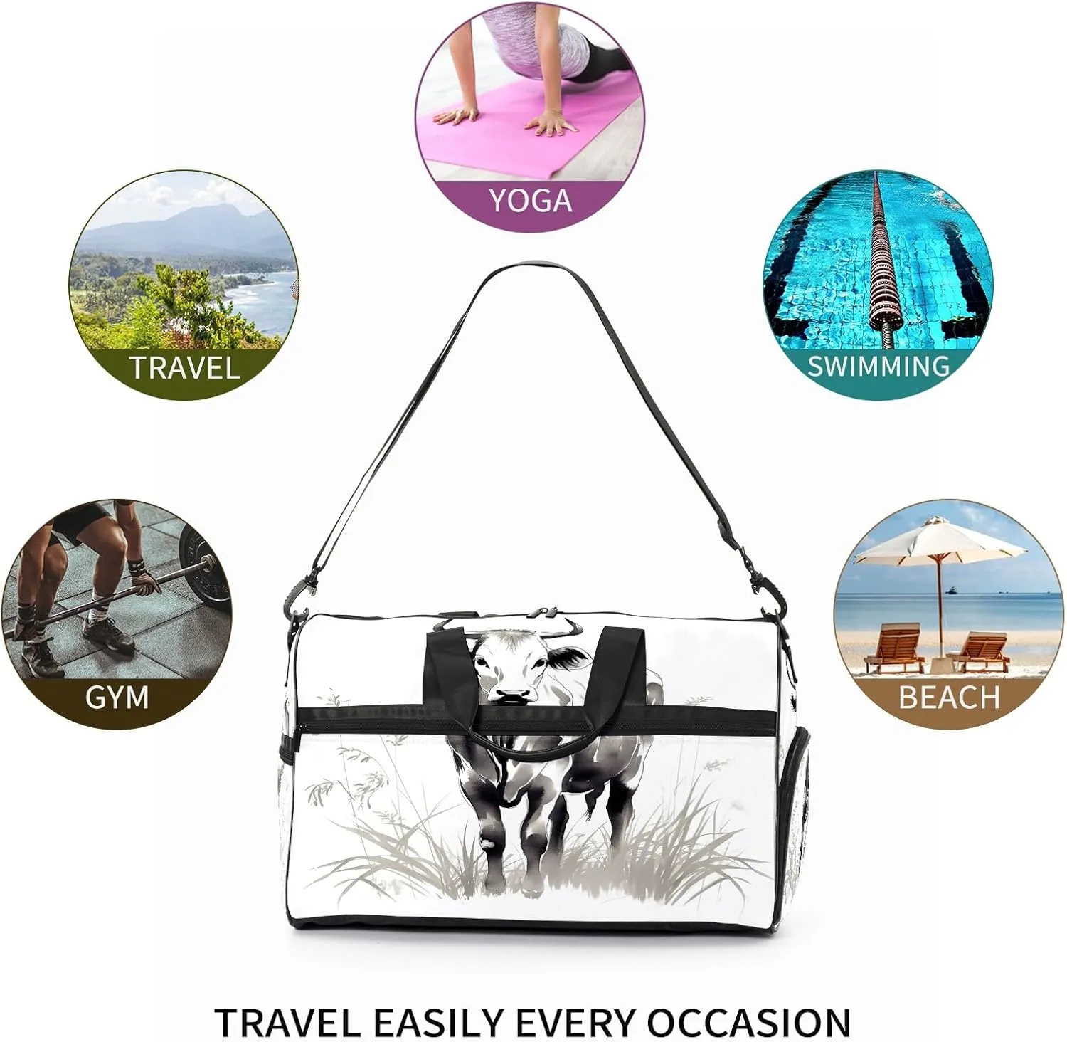 Sports Gym Bag for Women, Sport Duffle Workout Bags with Shoe Compartment, Small Womens Gym Bags, Chinese Painting Cow - 8